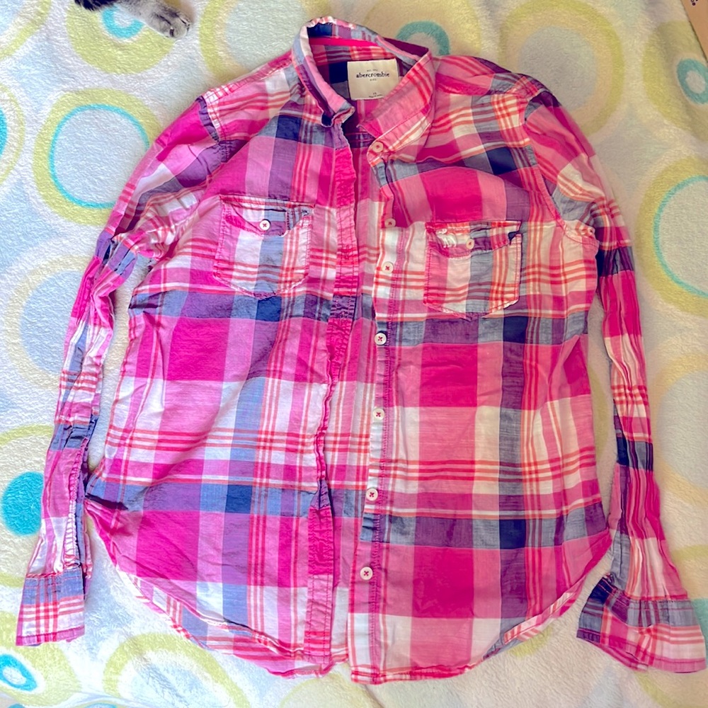 Abercrombie kids pink plaid button up